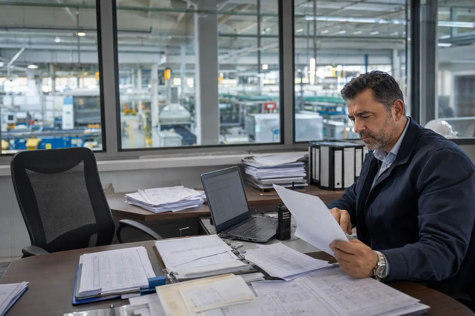 Üretim sahasına bakan operasyon ofisinde rapor ve dosyalarla çalışan yönetici