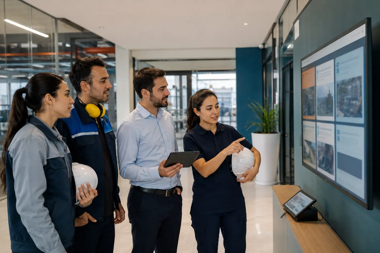 Ofis ve üretim çalışanları günlük şirket bilgilerini birlikte inceliyor